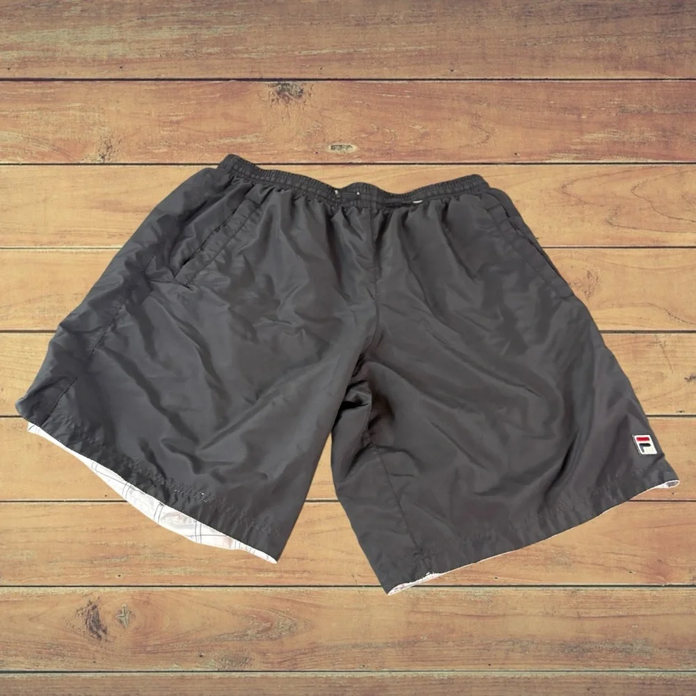 FILA Swim Trunks Men's XL Lined Reversible Pockets Drawstring Plaid Solid (313
